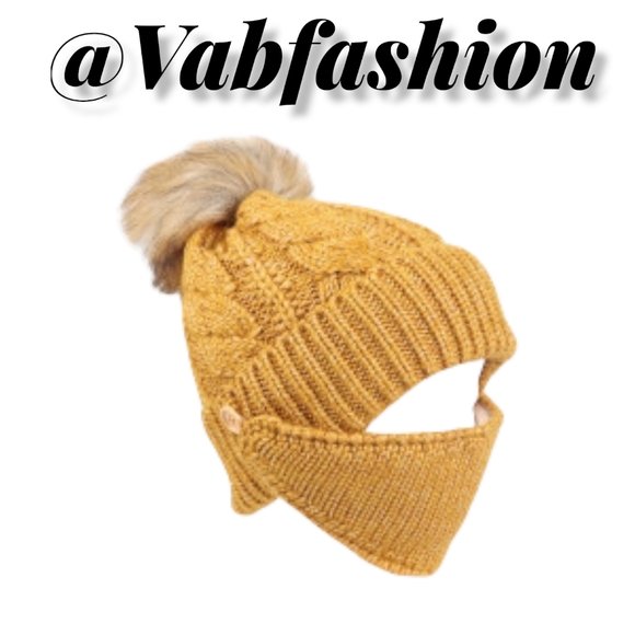 Accessories - Mustard cable knit beanie with fur pom pom and matching face mask.